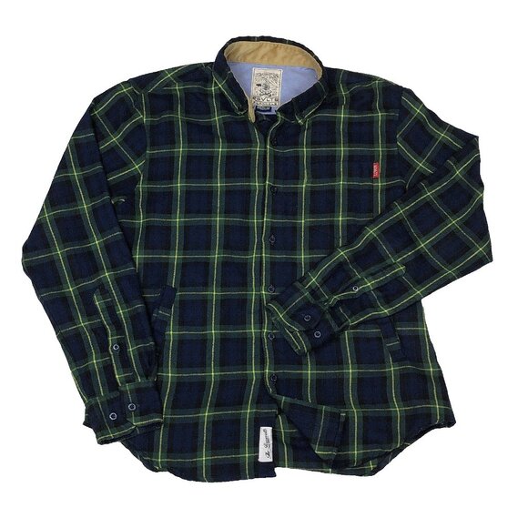 RSVLTS Flannels Blue Green Plaid Flannel Button Up Shirt Jacket Shacket Medium - Picture 1 of 9
